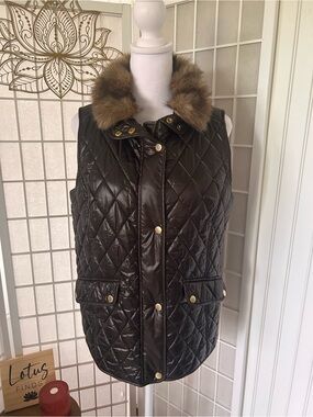Talbots Chocolate Brown Quilted Faux-Fur Collar Vest Medium